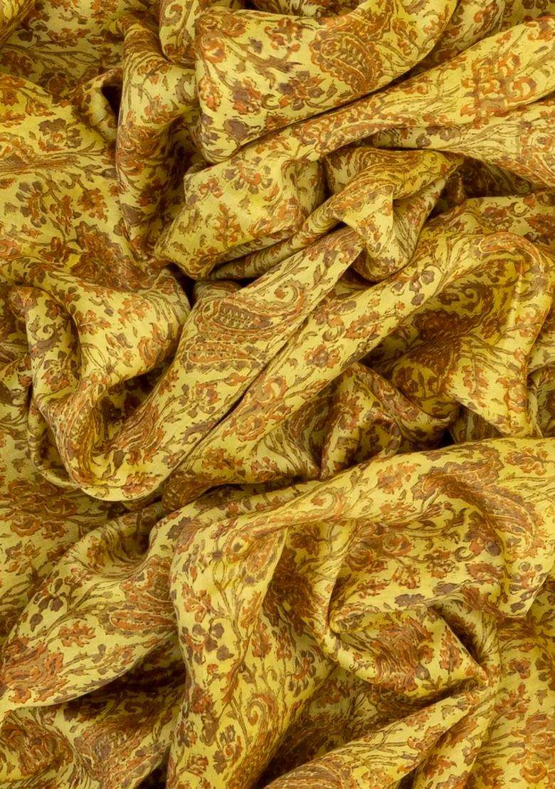 Mustard Handloom Chanderi Cotton Saree Printed With Floral Motifs For Women - Indya