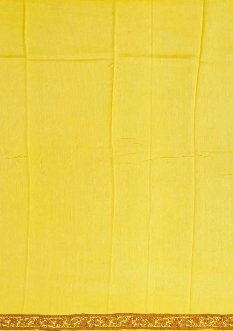 Mustard Handloom Chanderi Cotton Saree Printed With Floral Motifs For Women - Indya