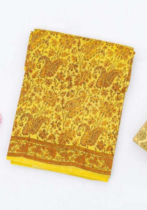 Mustard Handloom Chanderi Cotton Saree Printed With Floral Motifs For Women