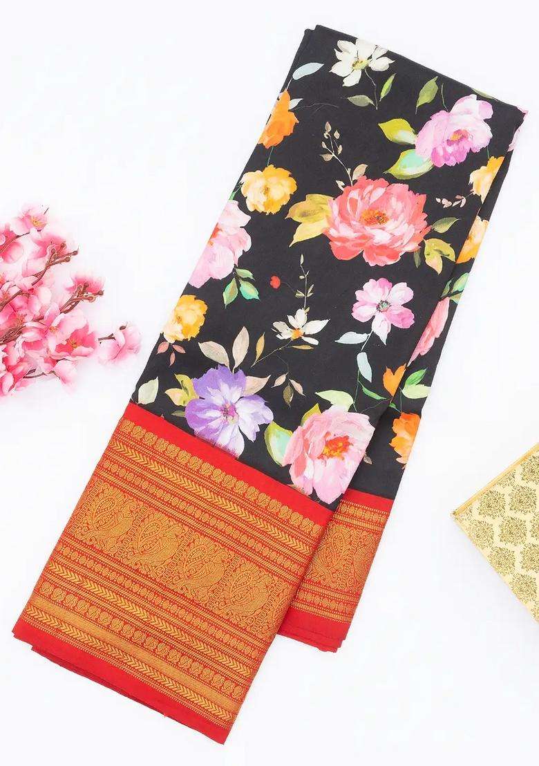 Black Handloom Kanchipuram Korvai Silk Saree Printed With Flower Motifs For Women - Indya