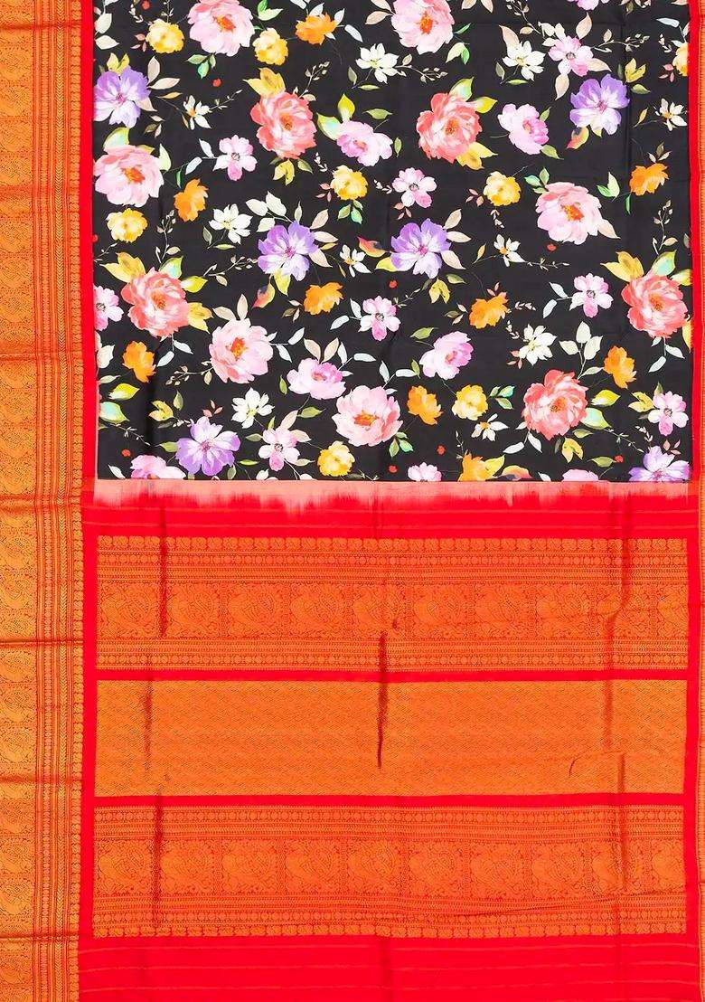 Black Handloom Kanchipuram Korvai Silk Saree Printed With Flower Motifs For Women - Indya