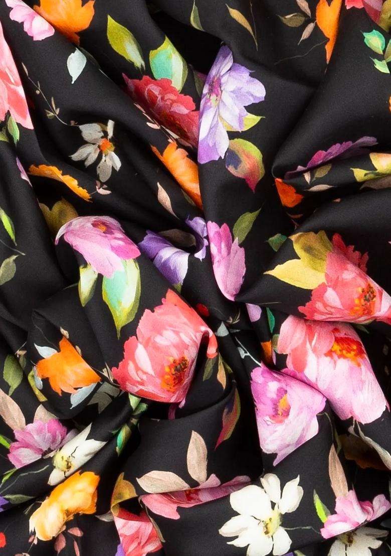 Black Handloom Kanchipuram Korvai Silk Saree Printed With Flower Motifs For Women - Indya