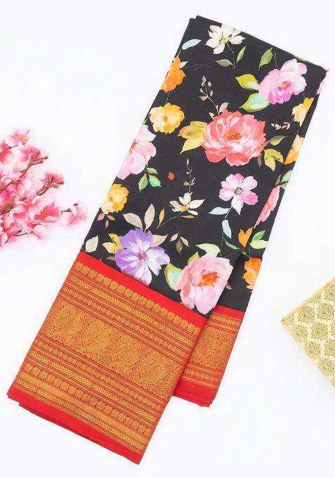 Black Handloom Kanchipuram Korvai Silk Saree Printed With Flower Motifs For Women