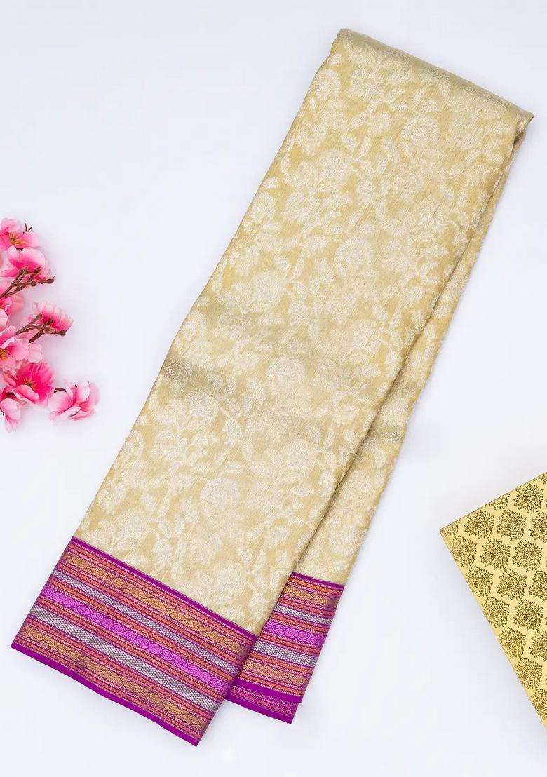 Cream Handloom Kanchipuram Korvai Tissue Silk Saree With Floral Motifs With Korvai And Temple Border Design For Women - Indya