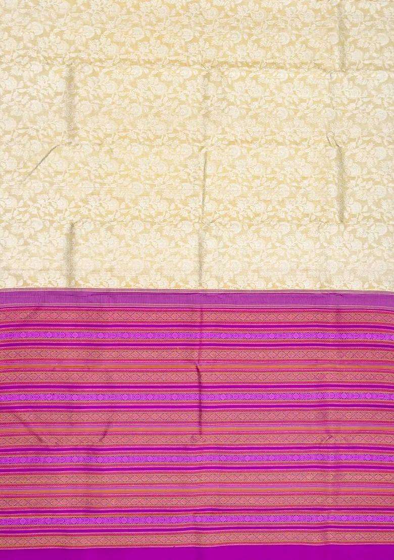 Cream Handloom Kanchipuram Korvai Tissue Silk Saree With Floral Motifs With Korvai And Temple Border Design For Women - Indya