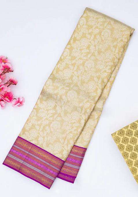 Cream Handloom Kanchipuram Korvai Tissue Silk Saree With Floral Motifs With Korvai And Temple Border Design For Women