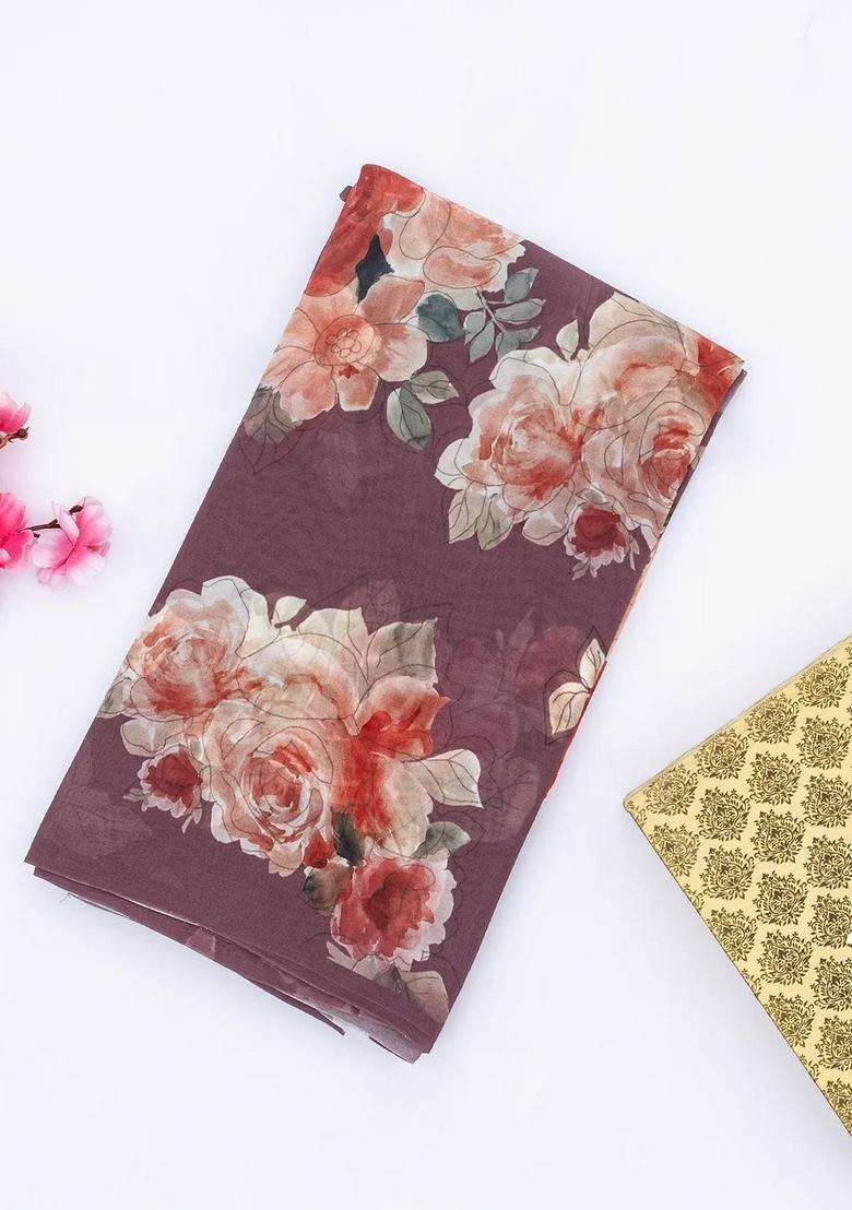 Lavander Lilac Georgette Silk Saree Printed With Floral Motifs For Women - Indya