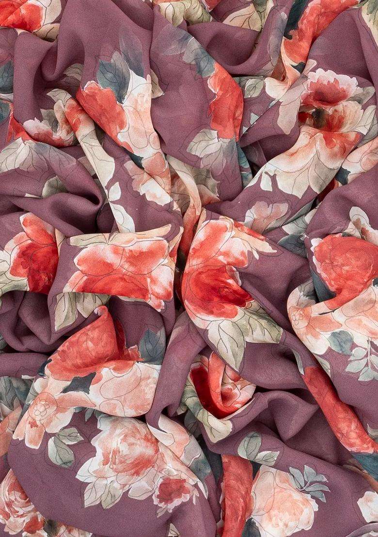 Lavander Lilac Georgette Silk Saree Printed With Floral Motifs For Women - Indya