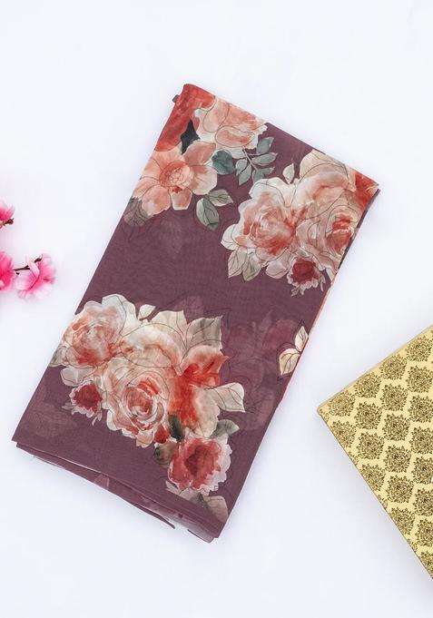 Lavander Lilac Georgette Silk Saree Printed With Floral Motifs For Women