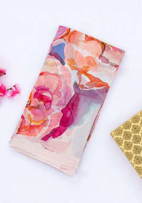 Cream Georgette Silk Saree Printed With Floral Motifs For Women