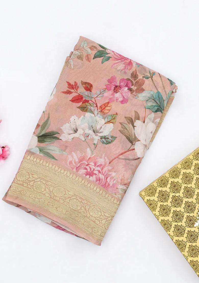 Light Peach Georgette Silk Saree Printed With Floral Motifs Zari Border For Women - Indya