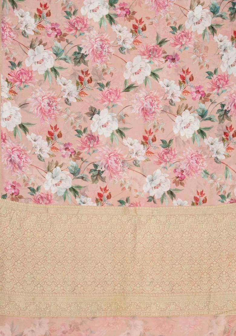 Light Peach Georgette Silk Saree Printed With Floral Motifs Zari Border For Women - Indya