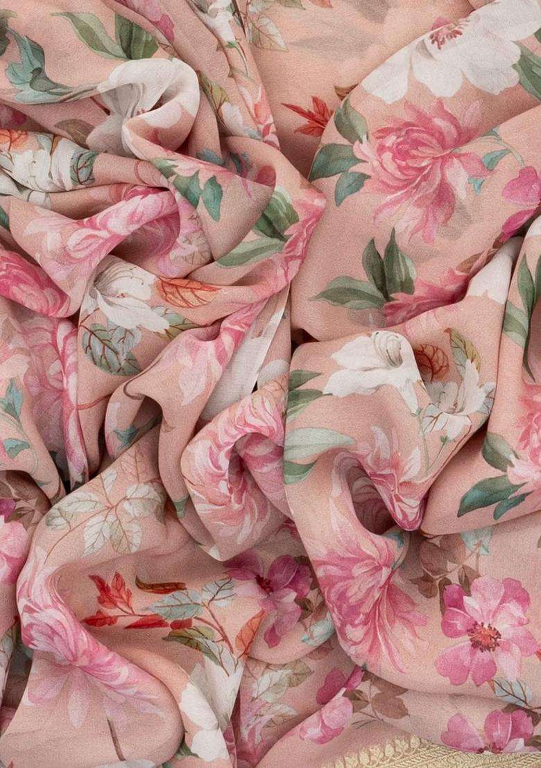Light Peach Georgette Silk Saree Printed With Floral Motifs Zari Border For Women - Indya
