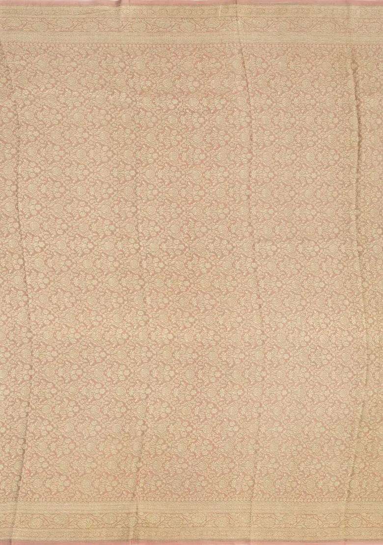 Light Peach Georgette Silk Saree Printed With Floral Motifs Zari Border For Women - Indya