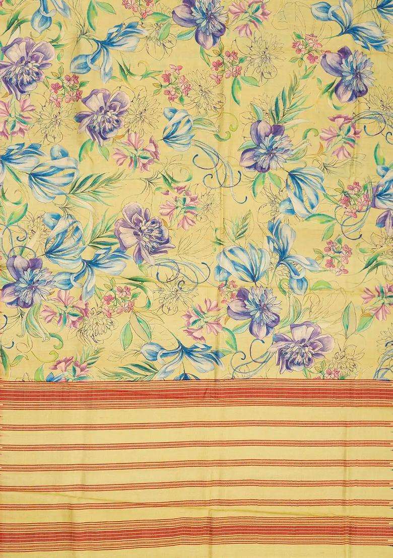 Sandal Handloom Tussar Silk Saree Printed With Floral Motifs Ganga Jamuna Border For Women - Indya