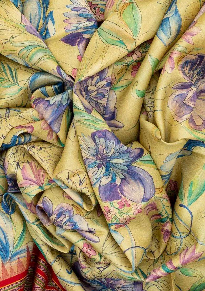 Sandal Handloom Tussar Silk Saree Printed With Floral Motifs Ganga Jamuna Border For Women - Indya