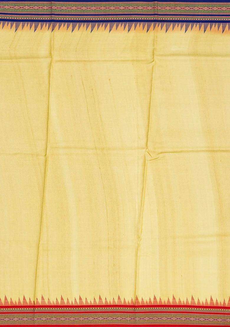 Sandal Handloom Tussar Silk Saree Printed With Floral Motifs Ganga Jamuna Border For Women - Indya