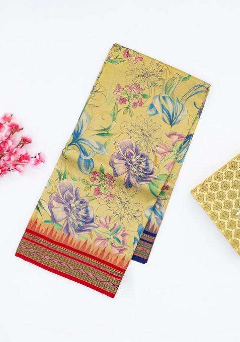 Sandal Handloom Tussar Silk Saree Printed With Floral Motifs Ganga Jamuna Border For Women