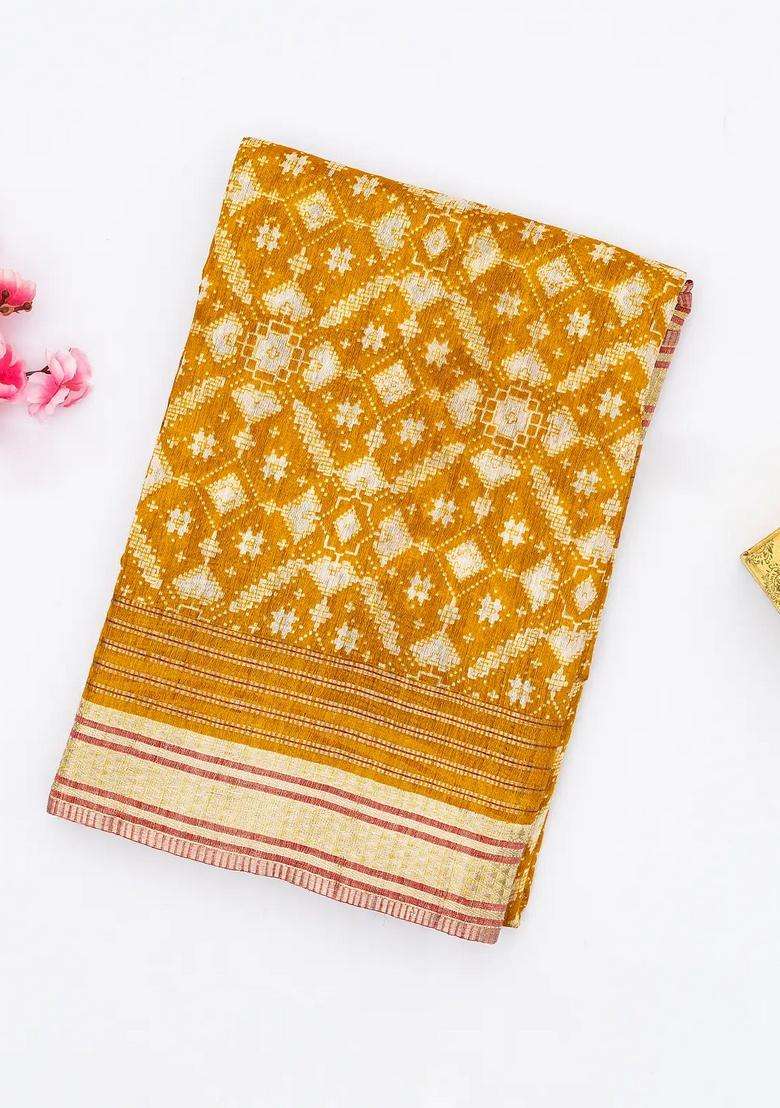 Oil Mustard Handloom Tussar Silk Saree Printed With Floral Motifs For Women - Indya