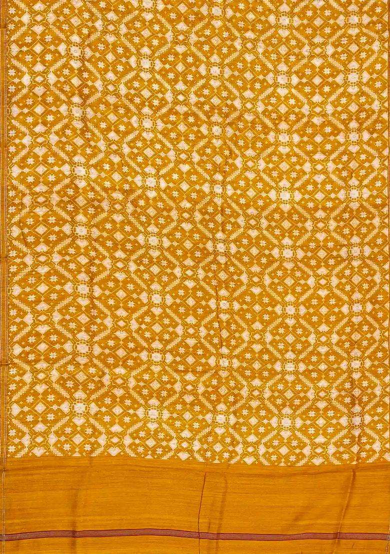 Oil Mustard Handloom Tussar Silk Saree Printed With Floral Motifs For Women - Indya