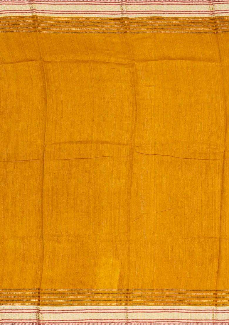 Oil Mustard Handloom Tussar Silk Saree Printed With Floral Motifs For Women - Indya