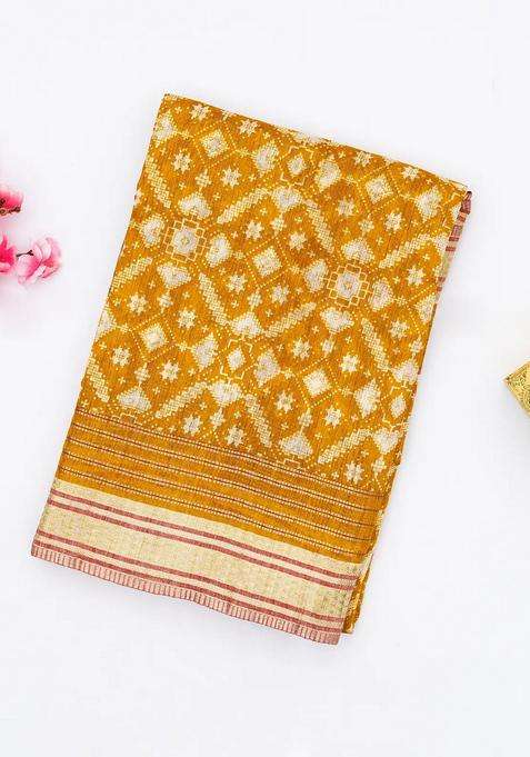 Oil Mustard Handloom Tussar Silk Saree Printed With Floral Motifs For Women