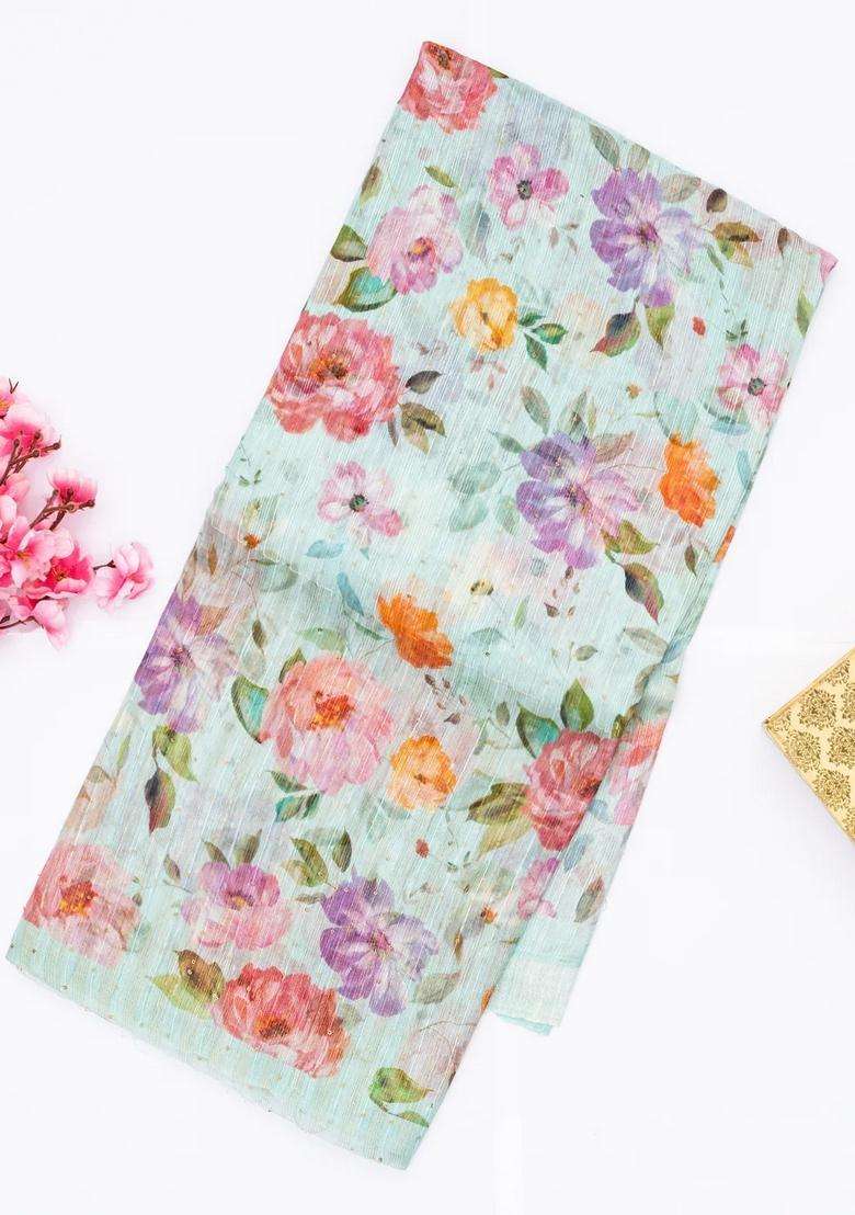 Turquoise Handloom Tussar Linen Blend Silk Saree Printed With Floral Motifs For Women - Indya