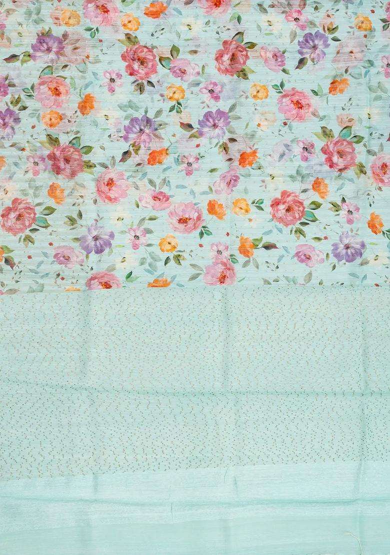 Turquoise Handloom Tussar Linen Blend Silk Saree Printed With Floral Motifs For Women - Indya