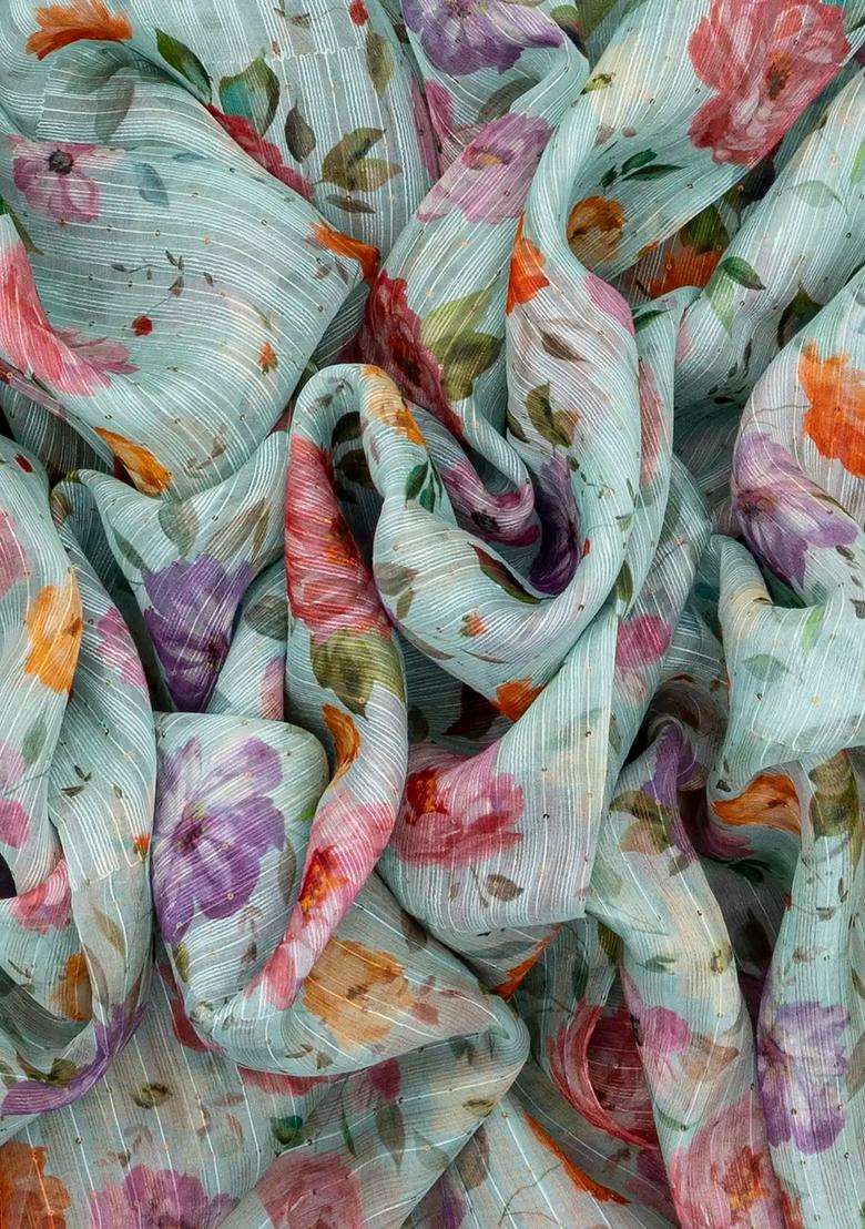 Turquoise Handloom Tussar Linen Blend Silk Saree Printed With Floral Motifs For Women - Indya