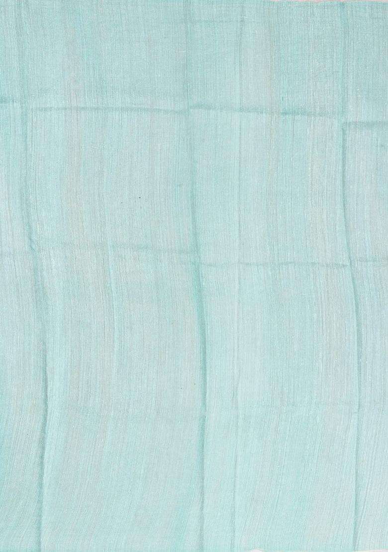 Turquoise Handloom Tussar Linen Blend Silk Saree Printed With Floral Motifs For Women - Indya