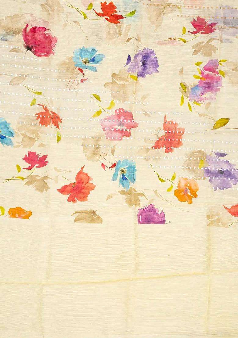 Sandal Handloom Tussar Silk Saree Printed With Floral Motifs For Women - Indya