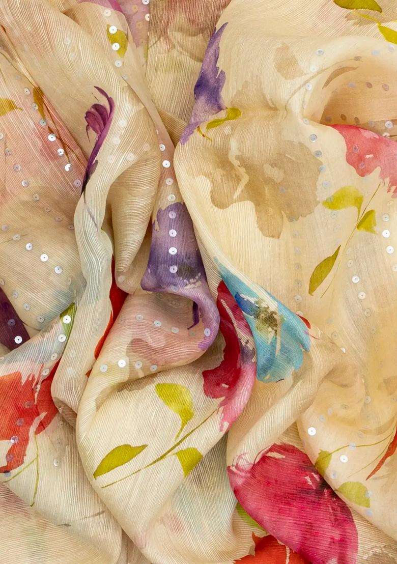 Sandal Handloom Tussar Silk Saree Printed With Floral Motifs For Women - Indya