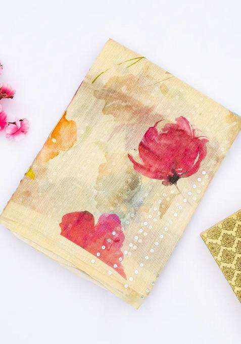Sandal Handloom Tussar Silk Saree Printed With Floral Motifs For Women