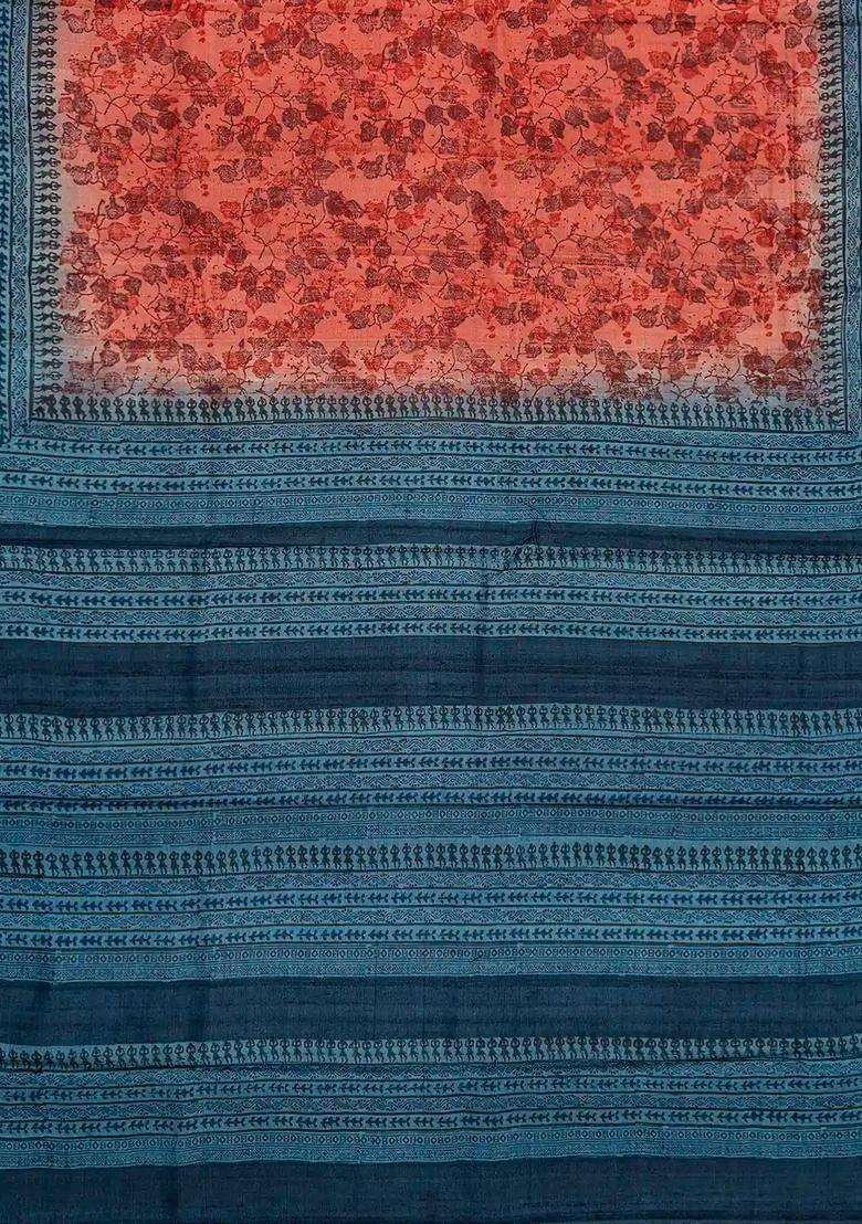 Red Tussar Silk Saree Is Printed With Floral Motifs For Women - Indya
