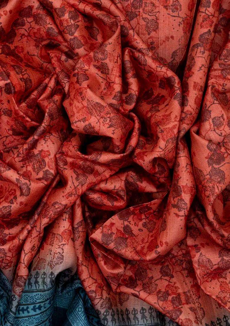 Red Tussar Silk Saree Is Printed With Floral Motifs For Women - Indya