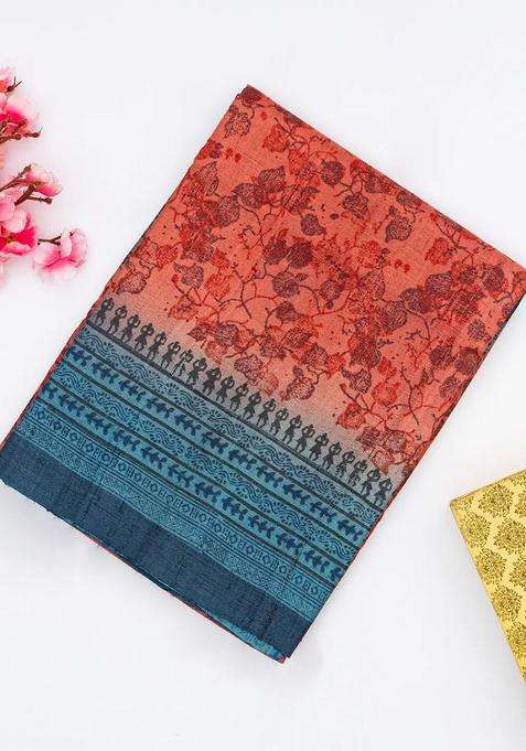 Red Tussar Silk Saree Is Printed With Floral Motifs For Women