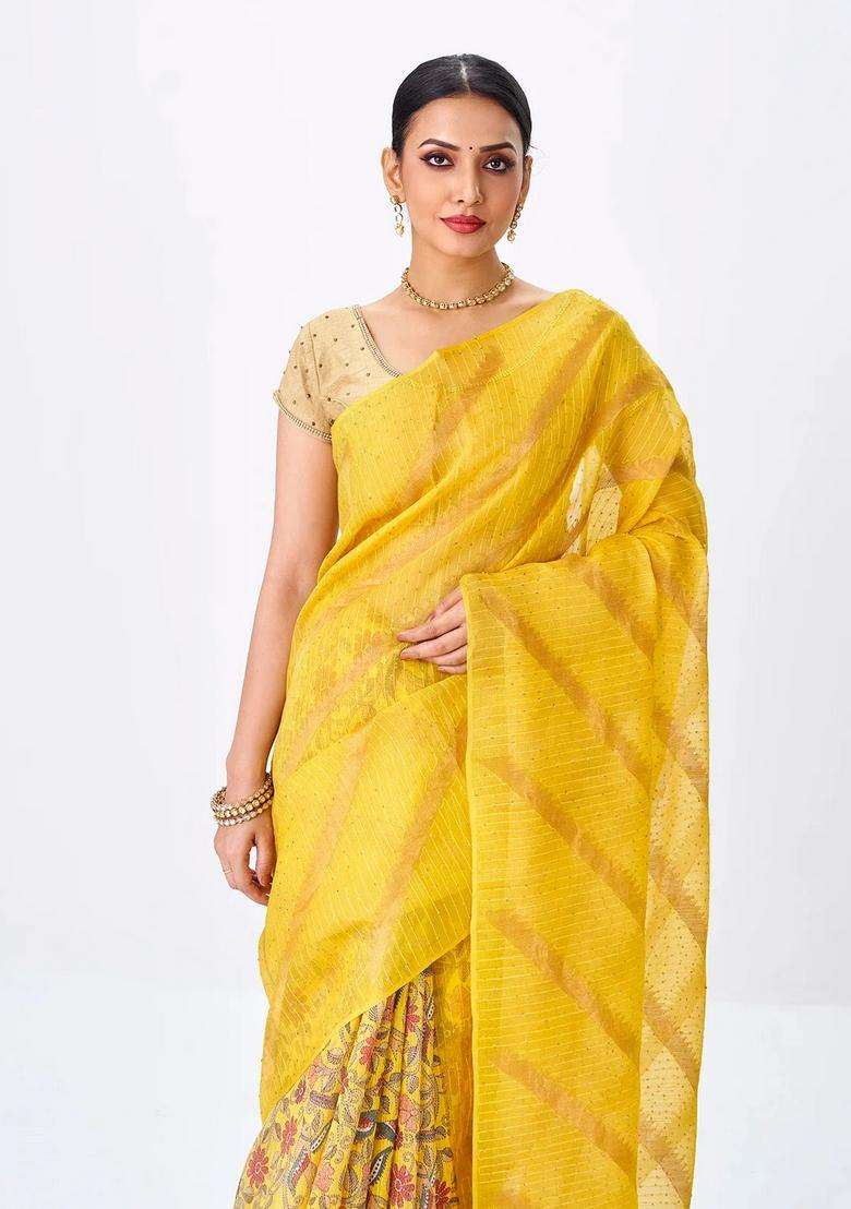 Yellow Handloom Tussar Silk Saree Is Partly Printed With Floral Motifs For Women - Indya