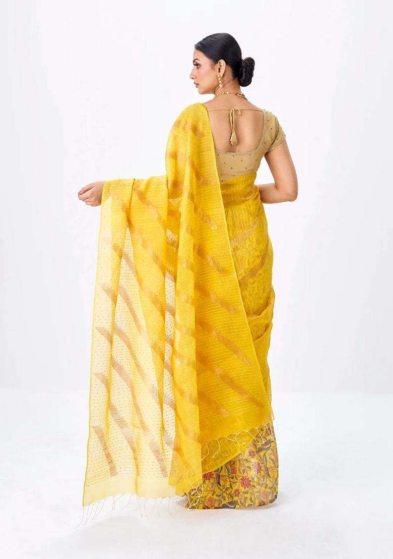 Yellow Handloom Tussar Silk Saree Is Partly Printed With Floral Motifs For Women - Indya