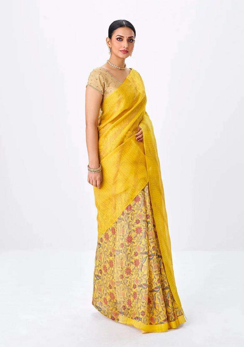 Yellow Handloom Tussar Silk Saree Is Partly Printed With Floral Motifs For Women - Indya