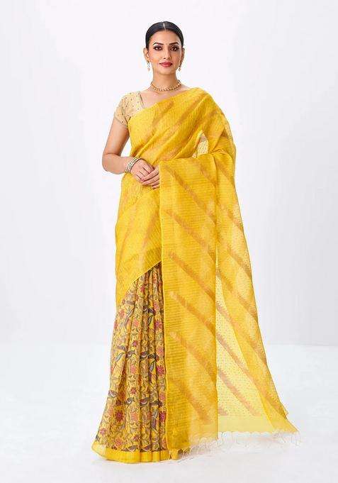 Yellow Handloom Tussar Silk Saree Is Partly Printed With Floral Motifs For Women