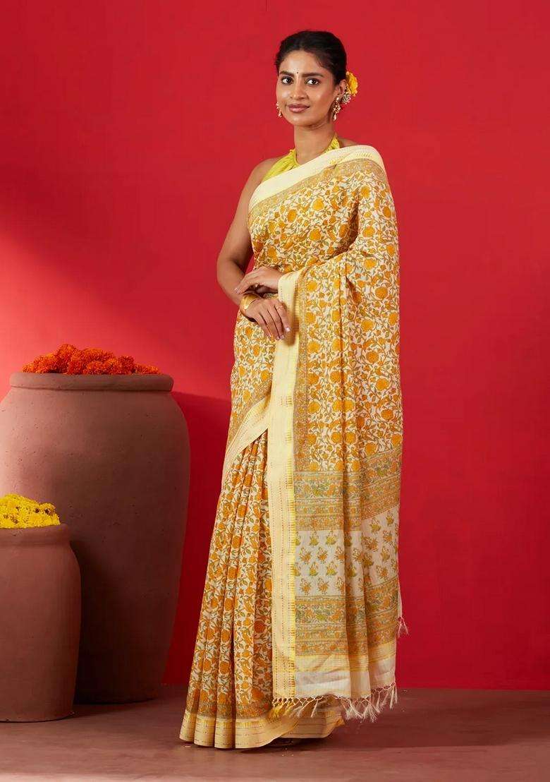 Cream Handloom Chanderi Cotton Saree Is Printed With Floral Motifs For Women - Indya