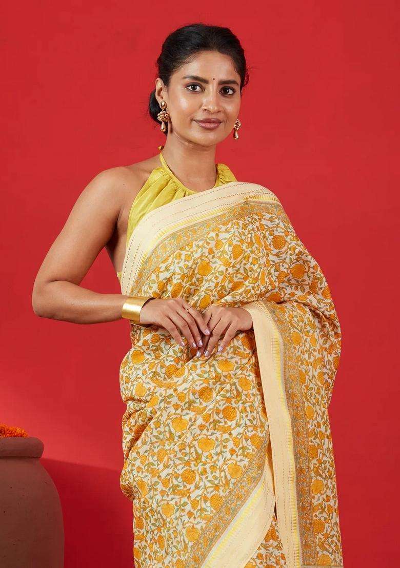Cream Handloom Chanderi Cotton Saree Is Printed With Floral Motifs For Women - Indya
