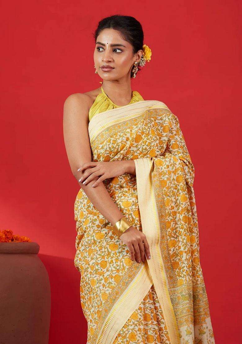 Cream Handloom Chanderi Cotton Saree Is Printed With Floral Motifs For Women - Indya