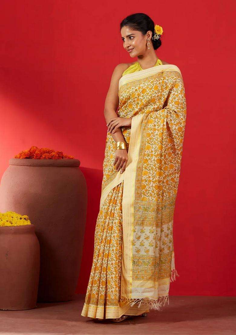 Cream Handloom Chanderi Cotton Saree Is Printed With Floral Motifs For Women - Indya