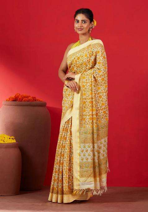 Cream Handloom Chanderi Cotton Saree Is Printed With Floral Motifs For Women