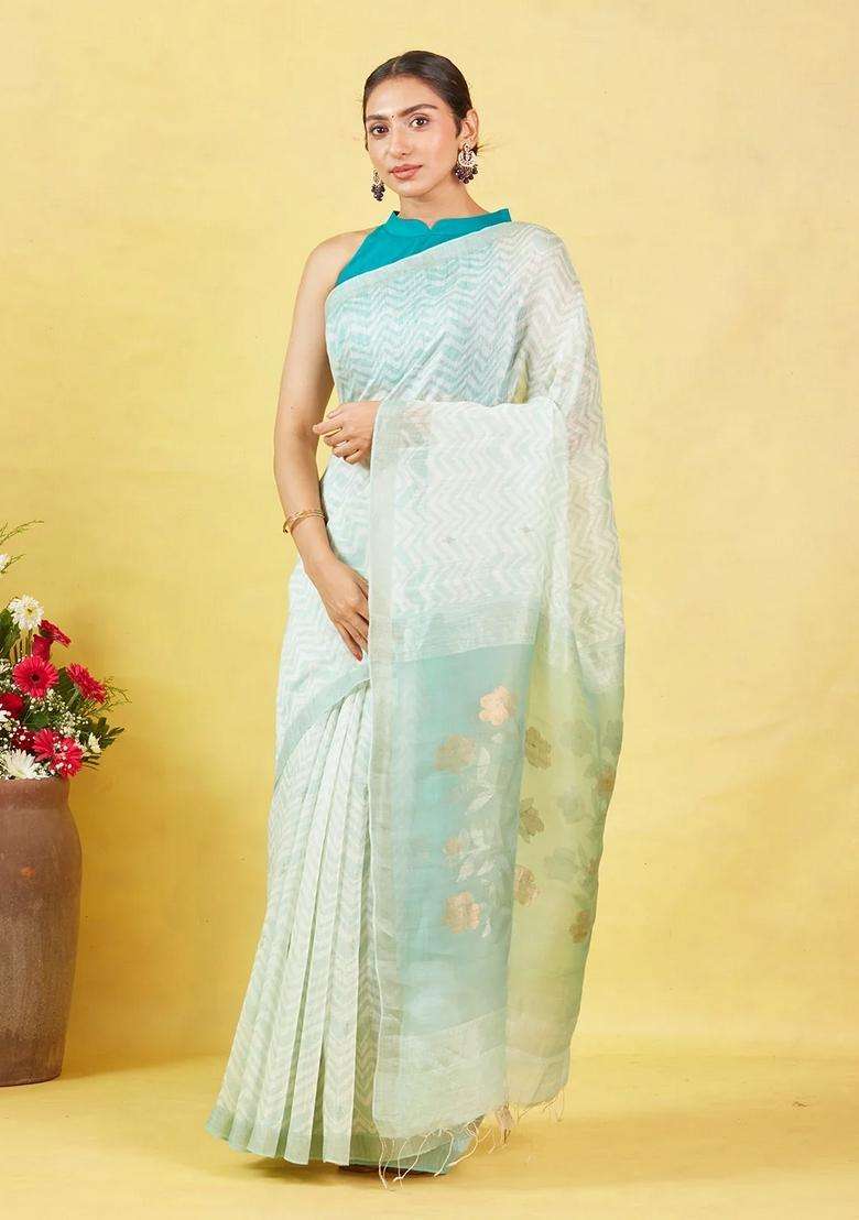 White Handloom Tussar Silk Saree With Chevron Motifs With Checks And Stripes Design For Women - Indya