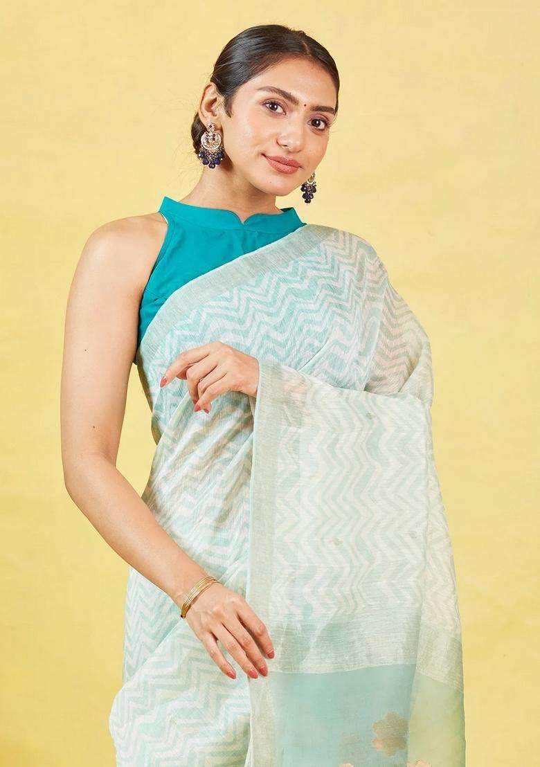 White Handloom Tussar Silk Saree With Chevron Motifs With Checks And Stripes Design For Women - Indya