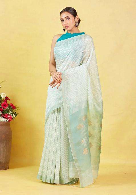 White Handloom Tussar Silk Saree With Chevron Motifs With Checks And Stripes Design For Women