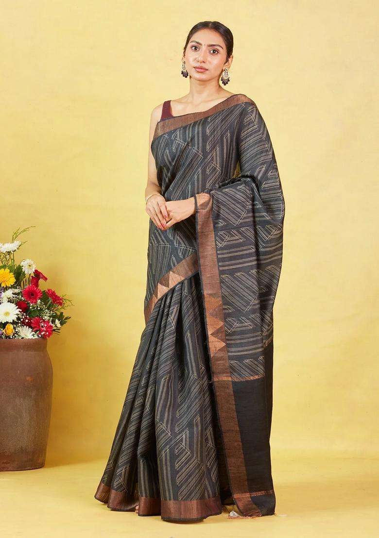 Black Handloom Tussar Silk Saree With Printed Stripes Motifs For Women - Indya