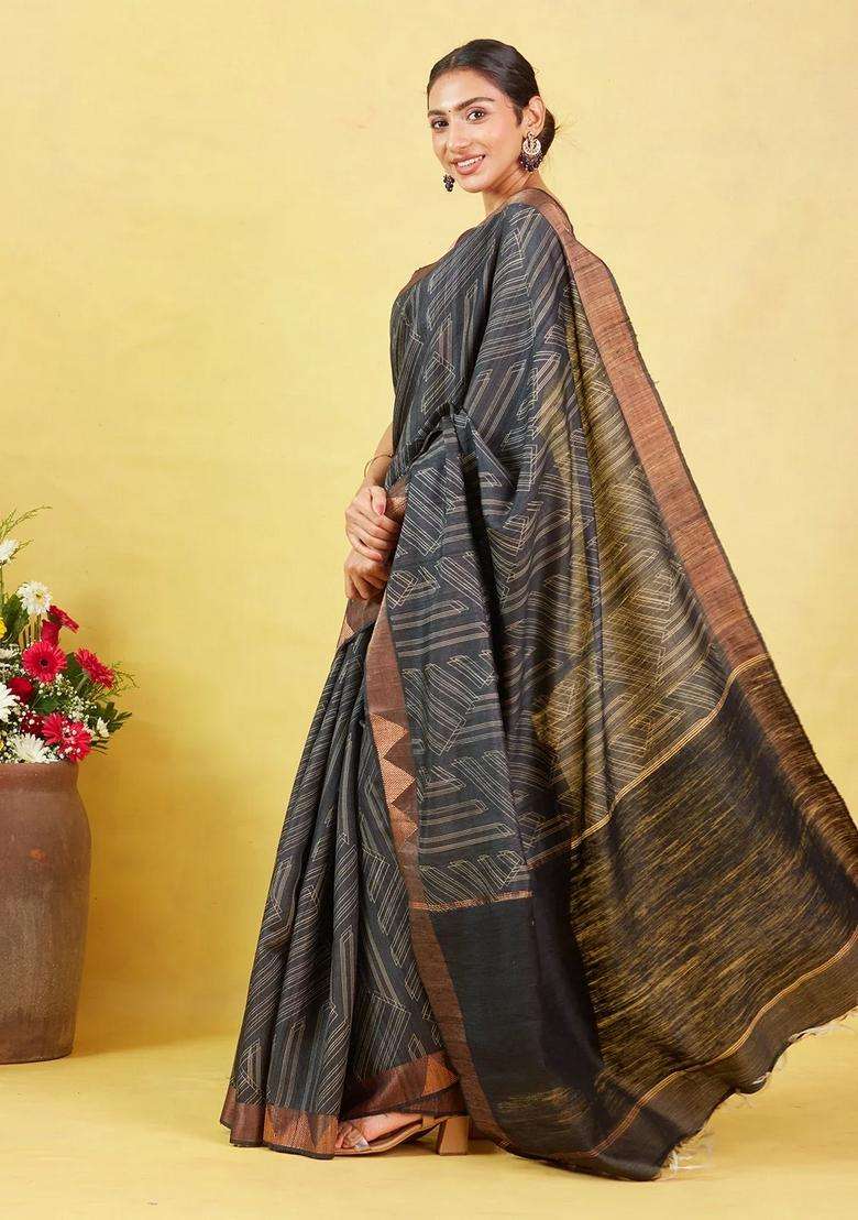 Black Handloom Tussar Silk Saree With Printed Stripes Motifs For Women - Indya